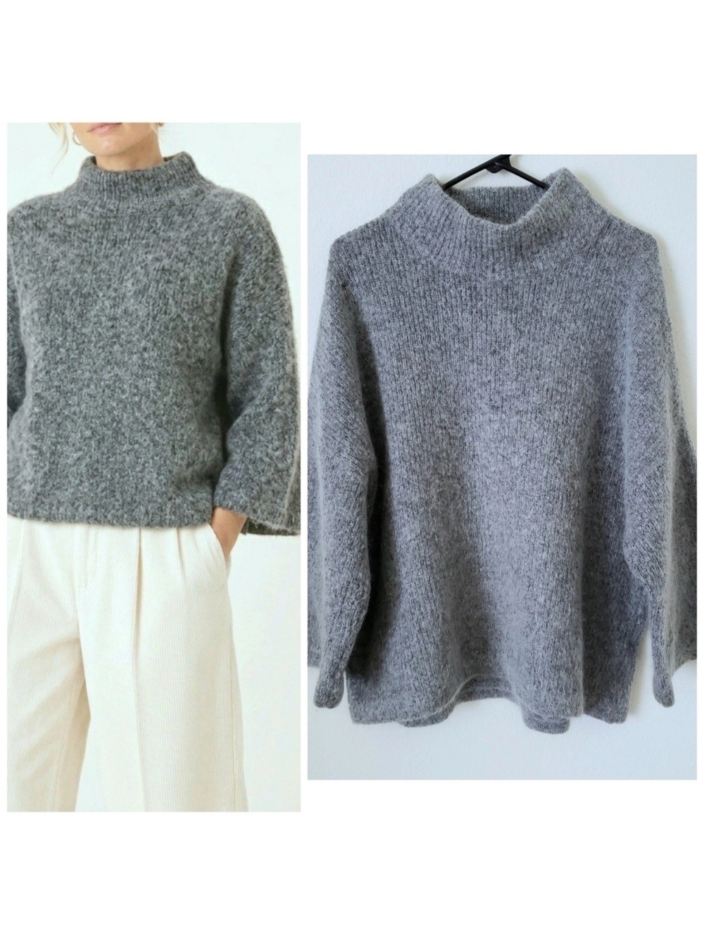 H&M Womens Heather Gray Fuzzy Chunky Knit Mock Neck Oversized Pullover Sweater M